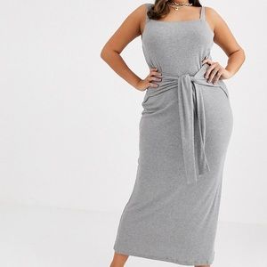 Plus size tie waist ribbed grey maxi dress